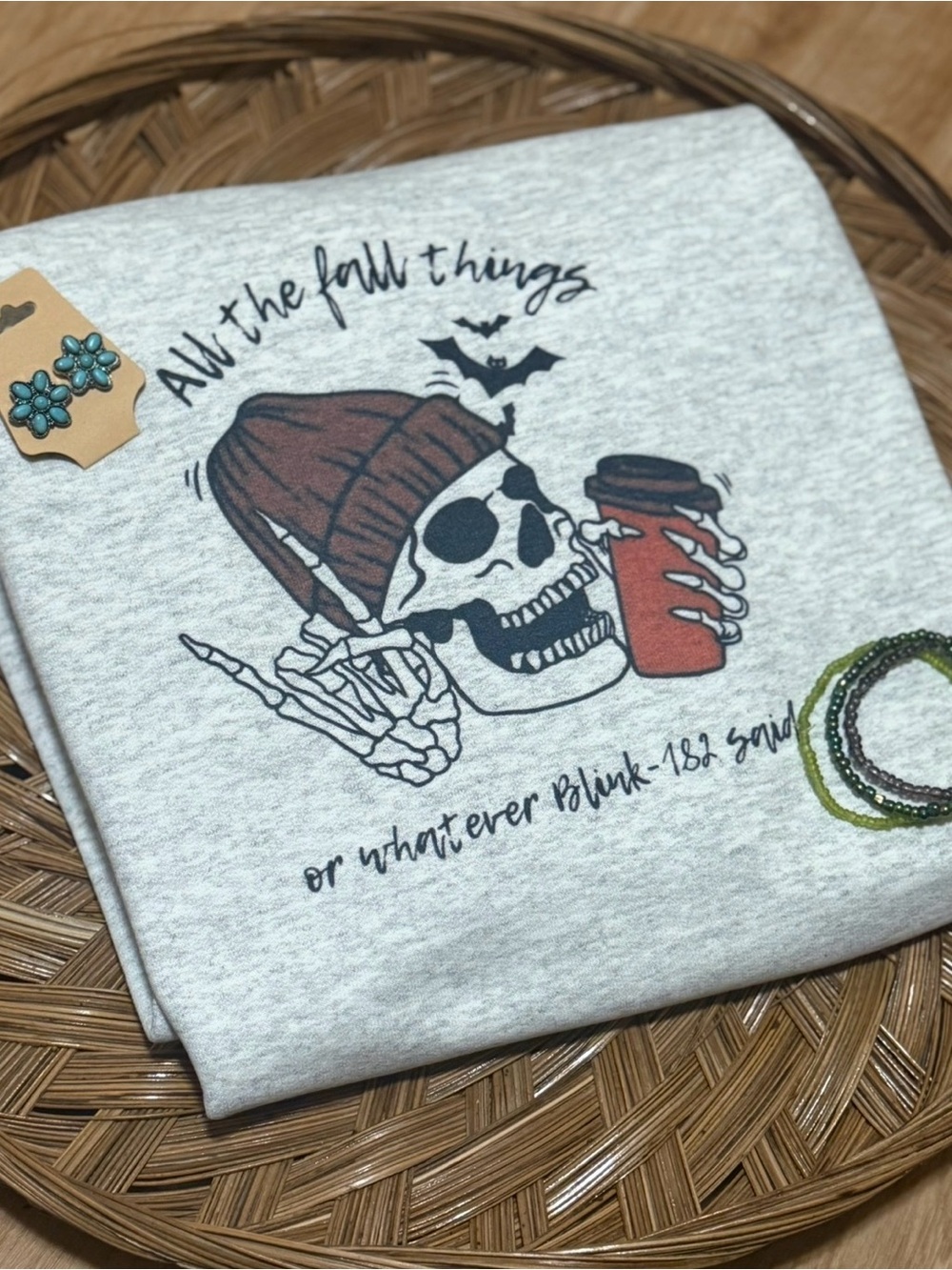 Gildan Light Gray Graphic Crewneck Sweatshirt with Brown Beanie & Red Cup
